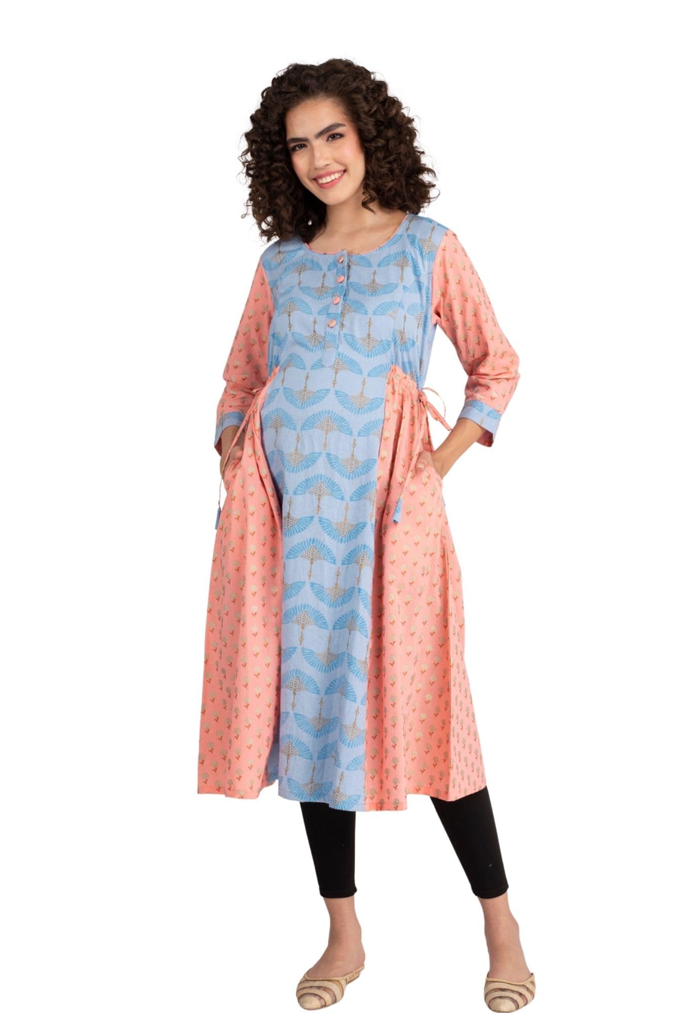 Cotton Ice Blue Gold Peach Maternity & Nursing Side Tie Kurta Dress-image-9