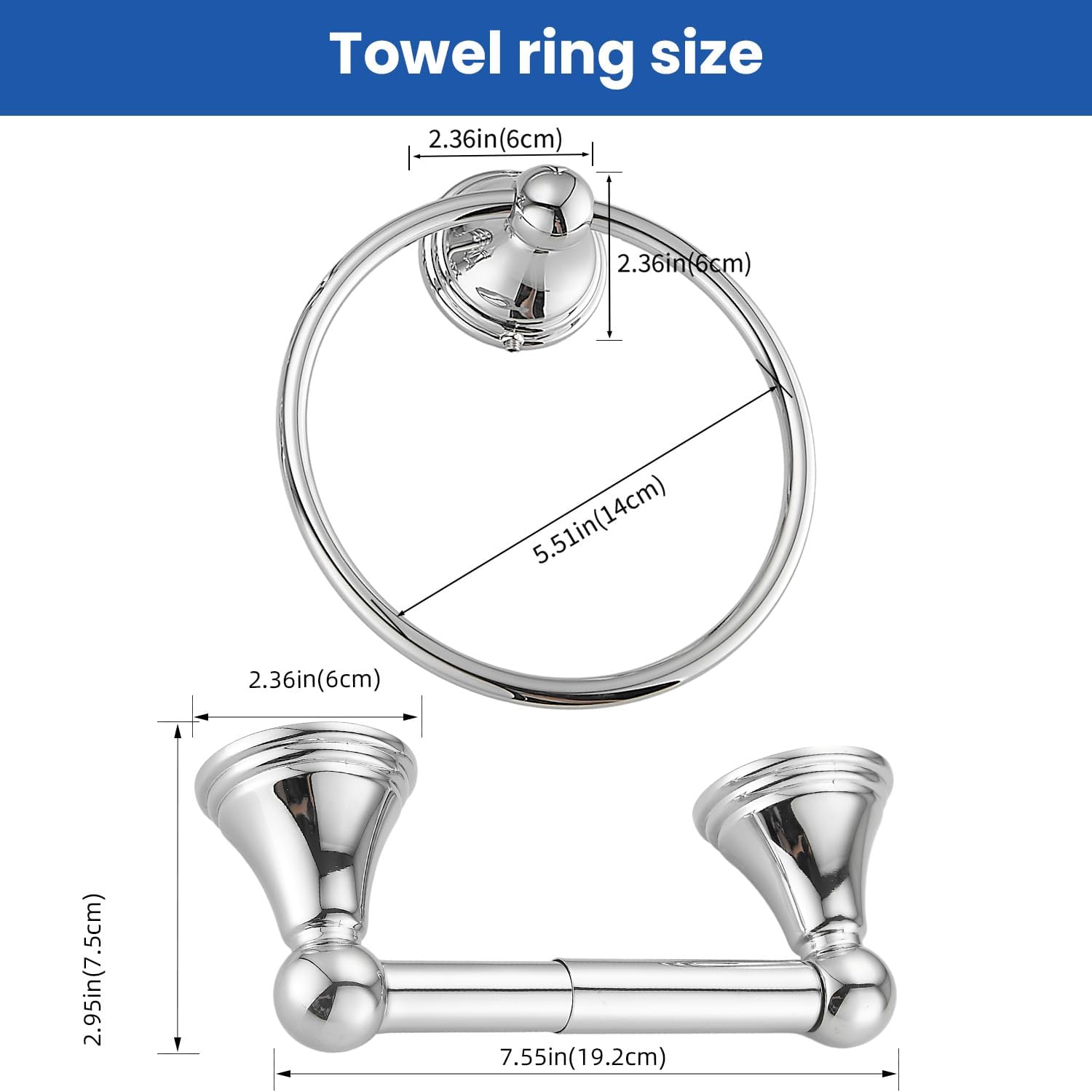 sagetta Hand Towel Holder Towel Ring Set with Toilet Paper Holder 5.55-Inch Bath Towel Ring Diameter Wall Mount Chrome