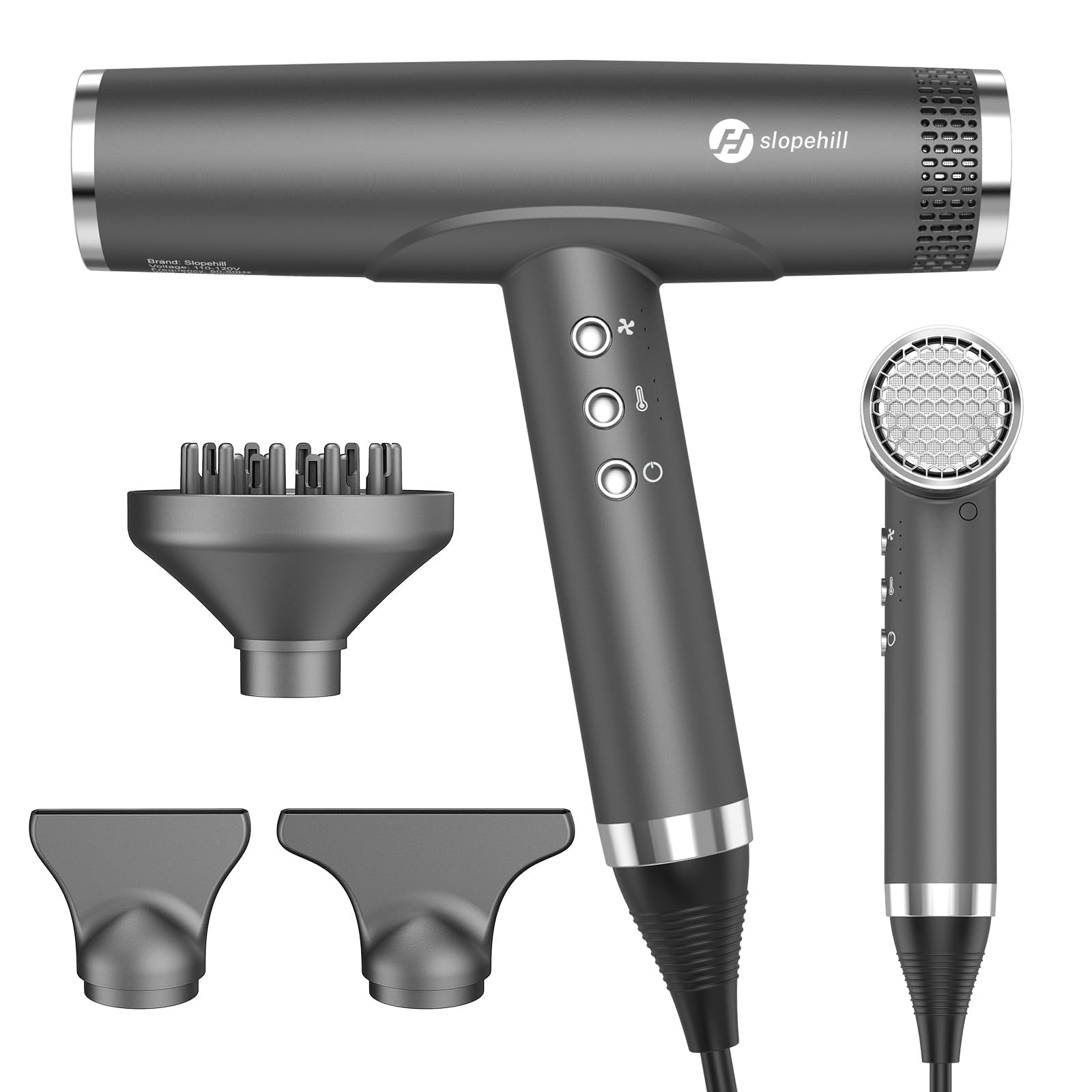 slopehill Professional Hair Dryer with Diffuser, Ionic Hair Dryer, Lightweight Compact Powerful & Fast Salon Blow Dryer with High Speed Brushless Motor, Travel Hairdryer, Women & Men (Ceramic, Dark)