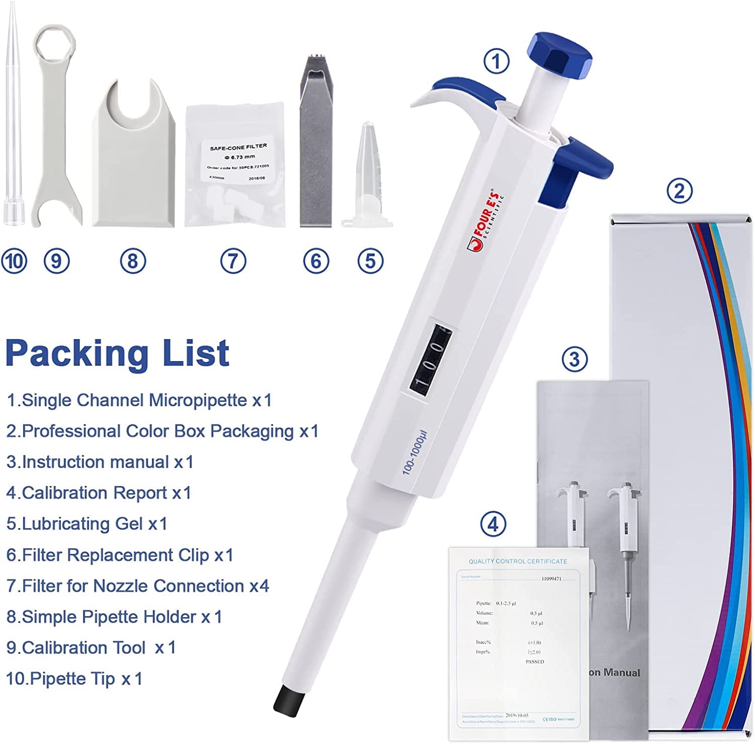 FOUR E'S SCIENTIFIC 100-1000ul Labor Pipetas Micropipeta Ajustable 1 ml Pipeta de un solo canal Volumen Variable Pipeteadora de Laboratorio Pipeta para Laboratorio Escuela