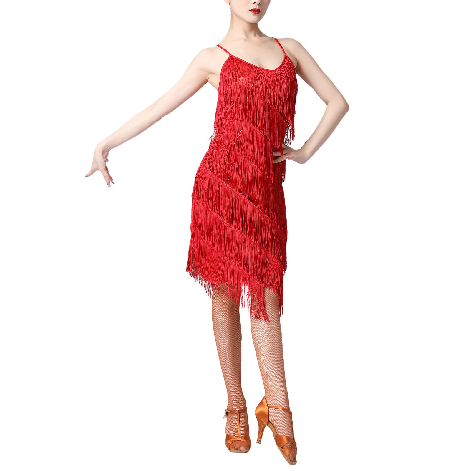 ODASDO Latein-Tanzkleid für Damen, Erwachsene, glänzende Pailletten, Quasten, Spaghettiträger, Salsa, Tango, Ballsaal, Kostüm, Tanzkleidung