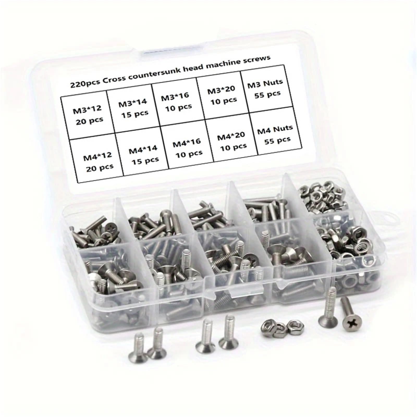 Tornillos avellanados acero inoxidable Kit de tornillos acero inoxidable (M3 y M4), 220/335 Uds.: avellanador Phillips con tuercas, for hogar/taller/bricolaje(335pcs)