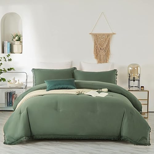 Miniatura 2 de Juego de edredón verde bohemio tamaño King con borlas, juego de ropa de cama estético de 3 piezas de microfibra estilo desgastado y elegante, juego