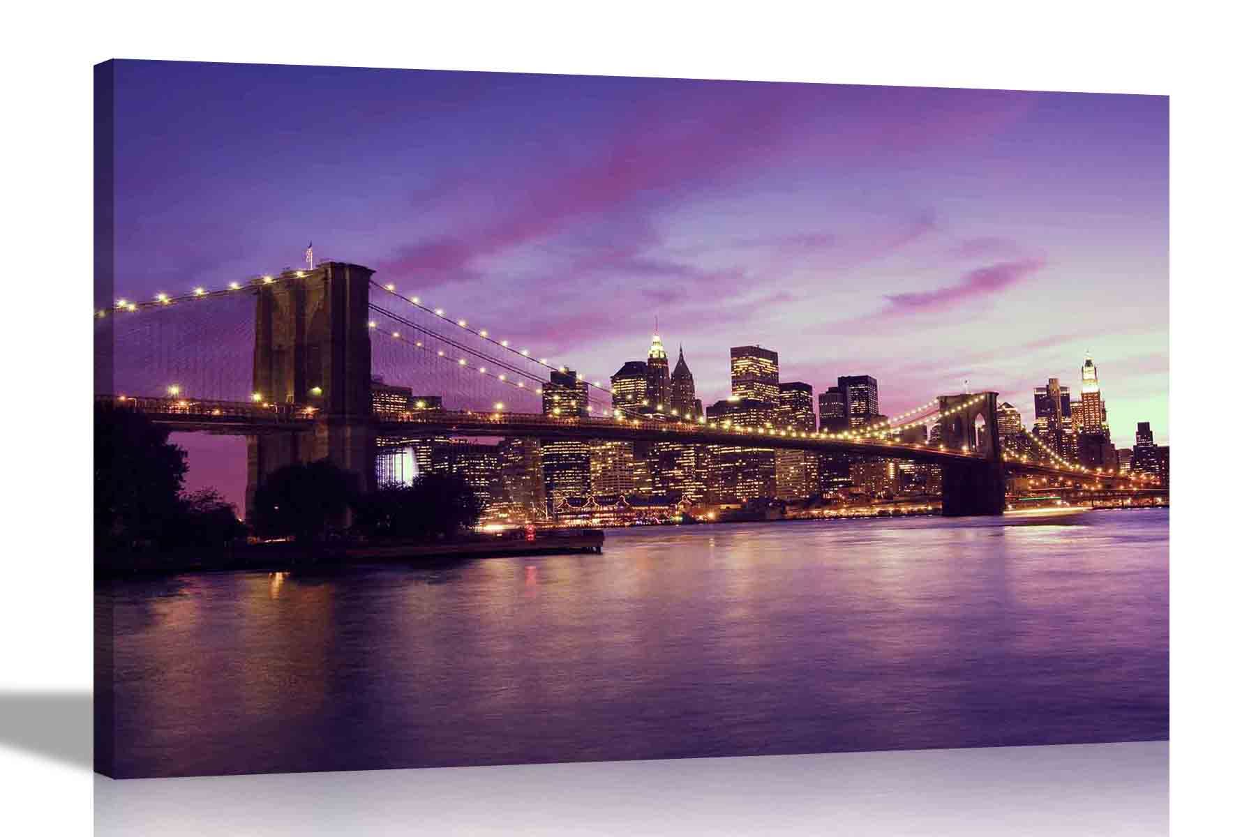 Artley Prints Multicoloured Bridge In New York City With Purple Sky Canvas Wall Art Pictures Stretched And Framed Home Office Bedroom Prints Cityscape Photos 101 X 76Cm (40 X 30 Inches)
