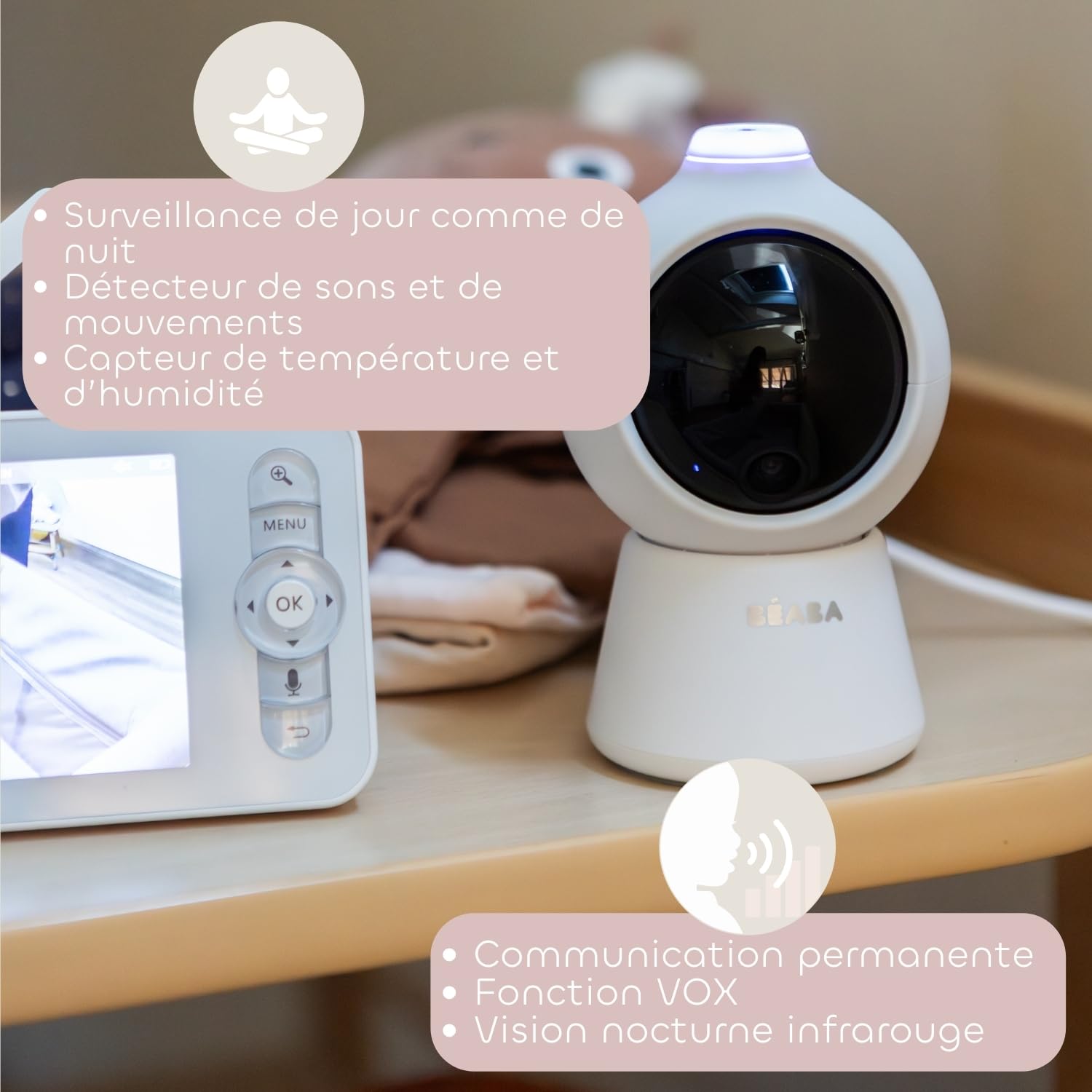 BÉABA Zen Smart AI Babyphone Vidéo 3 en 1, Blanc | Caméra 360° Full QHD 4MP, Écran HD 720p, IA Détection Retournement, Vision Nocturne, Application Mobile