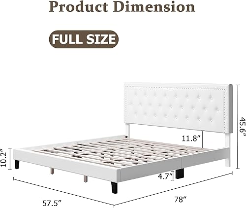 Miniatura 2 de IDEALHOUSE Base de cama matrimonial con cabecero, con diseño de botones copetudos y ribete de cabeza de clavo, soporte de listones de madera, sin