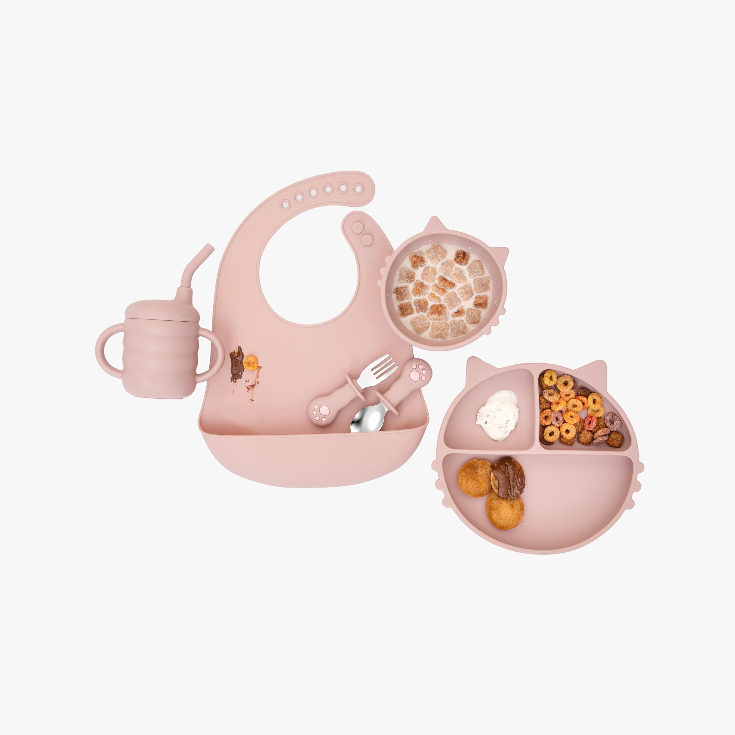 Kids Station 6 Piece BPA-Free Cat Shaped Silicone Baby Feeding Set - Baby Bib - Plate - Fork - Sipper - Spoon and Bowl -