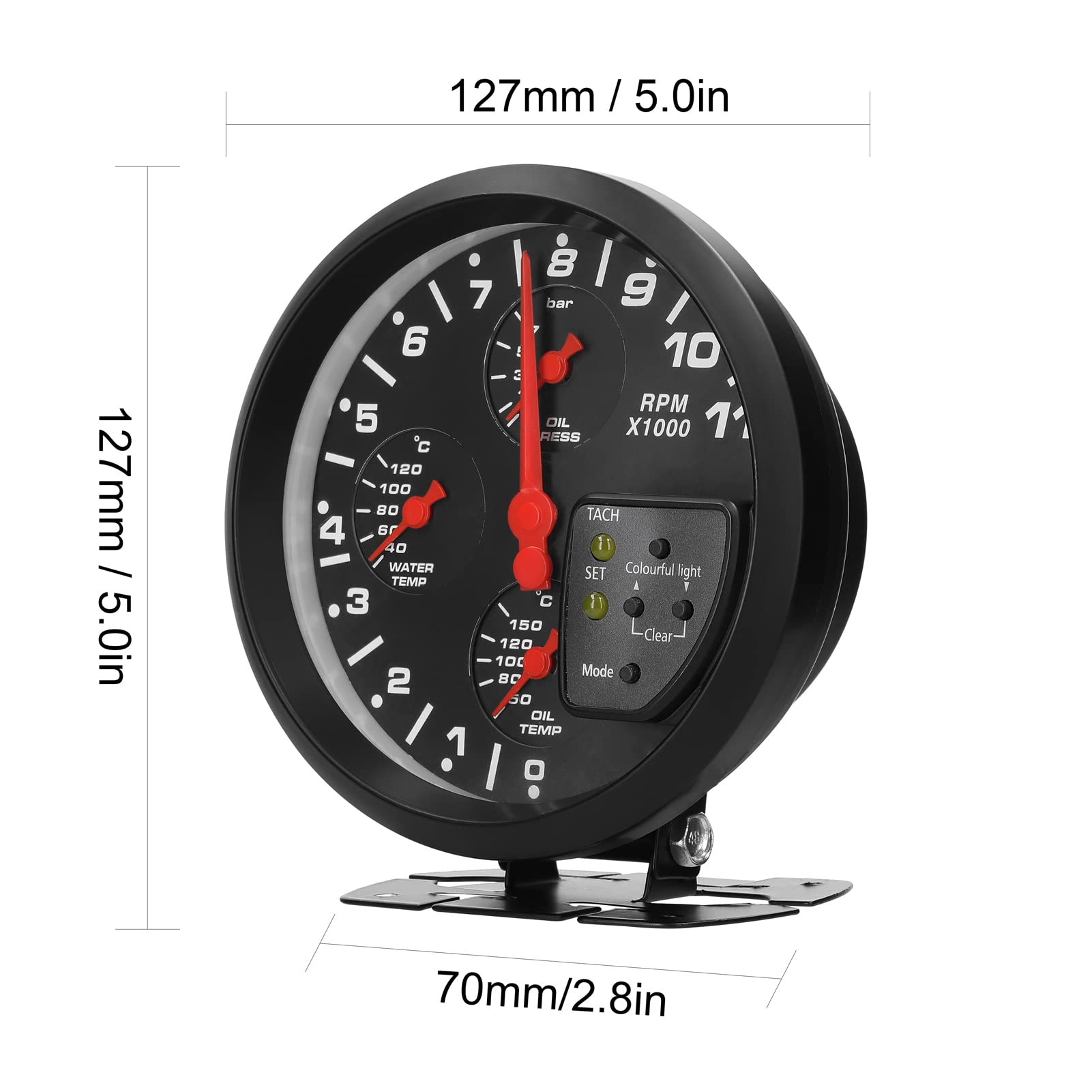 Shkalacar Tacómetro multifunción para coche de 5 pulgadas, 4 en 1 Presión de aceite Temperatura del aceite Medidor de temperatura del agua Soporte para función de alarma con ajuste