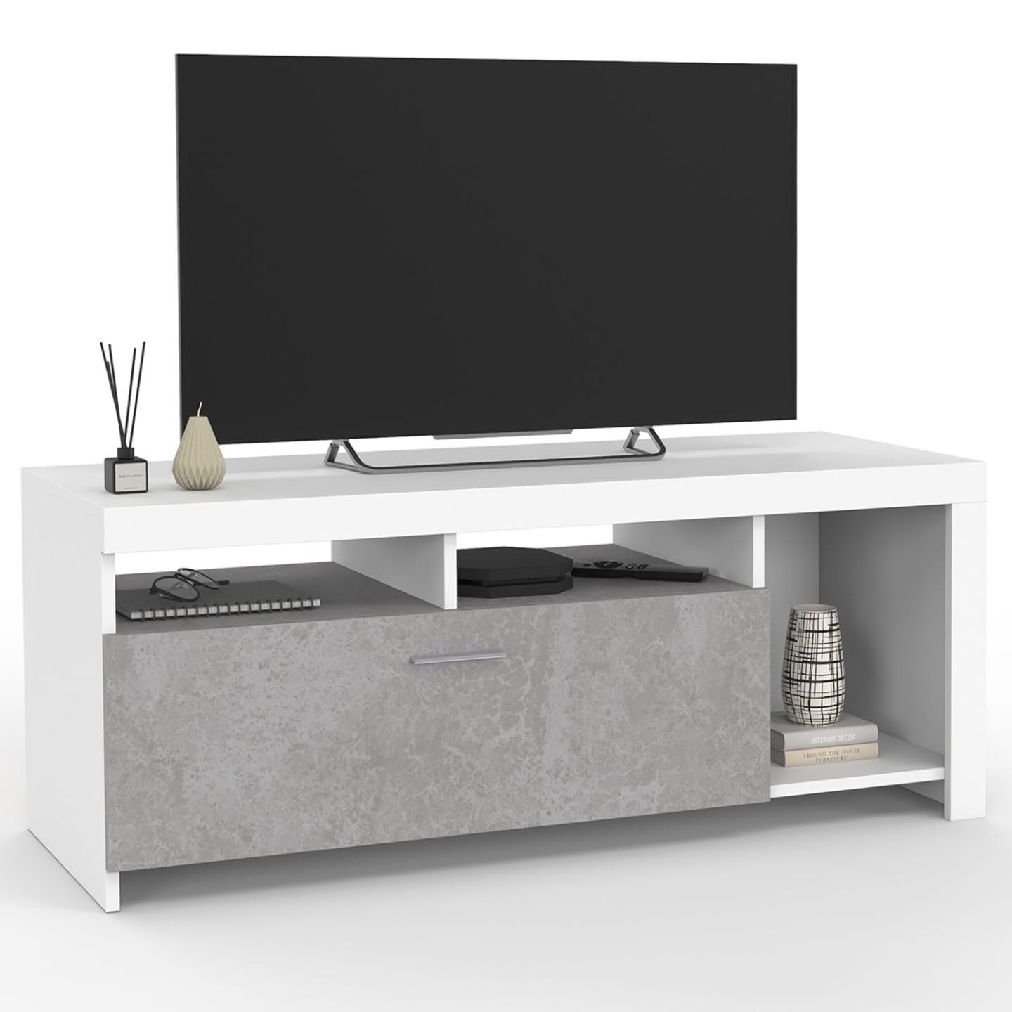 IDMarket - Mueble TV MALO blanco 110 cm y armario de hormigón