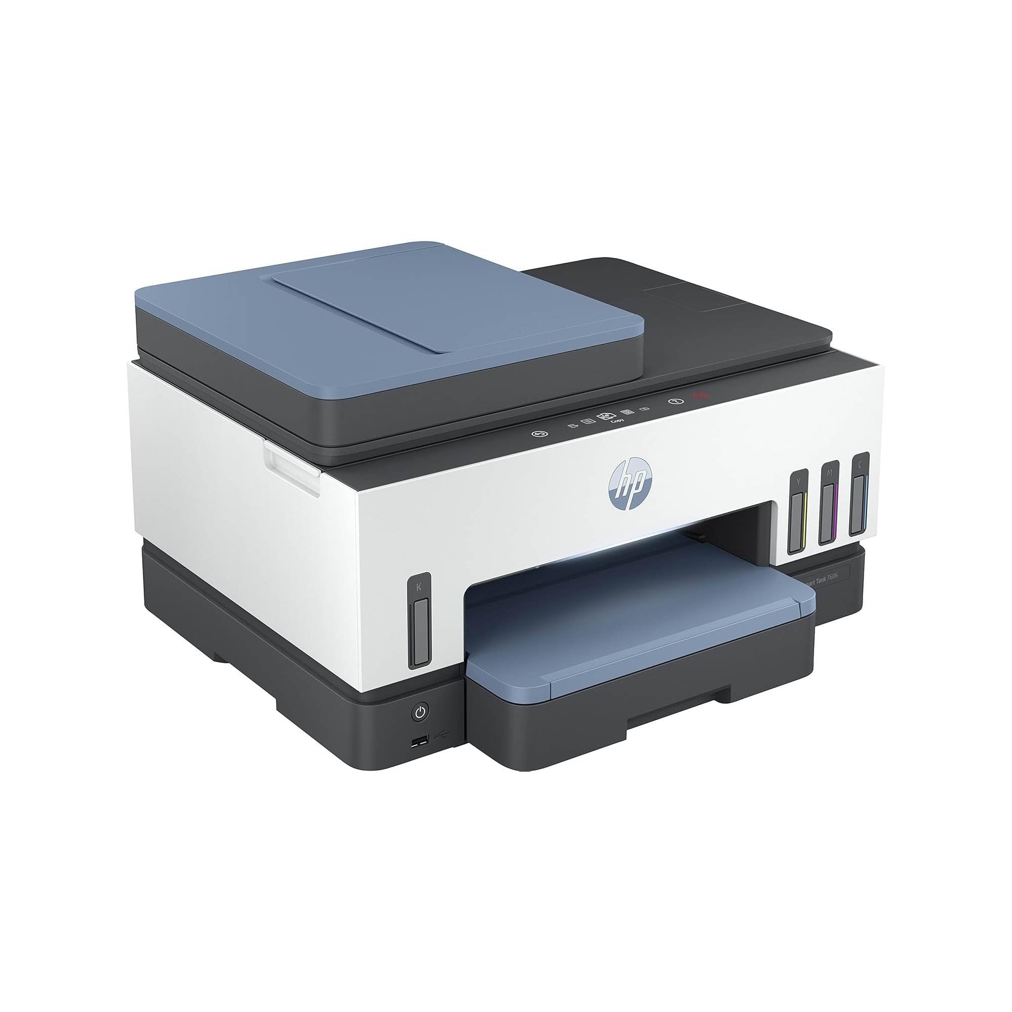 HP Smart Tank 7606, 28C03A, Imprimante Multifonction A4 avec réservoir d’Encre Rechargeable, Impression Couleur, Scanner, Photocopieur, Fax, Wi-FI, Application Smart, Blanche et Bleue