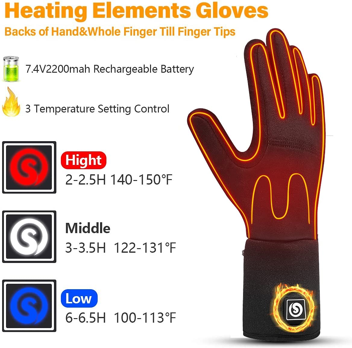 Fodera per Guanti Riscaldata con Batteria Ricaricabile per Ciclismo All'aperto Moto Campeggio Escursionismo Sci, Scaldamani Calore Fino A 2,5-7 Ore Black,XXS