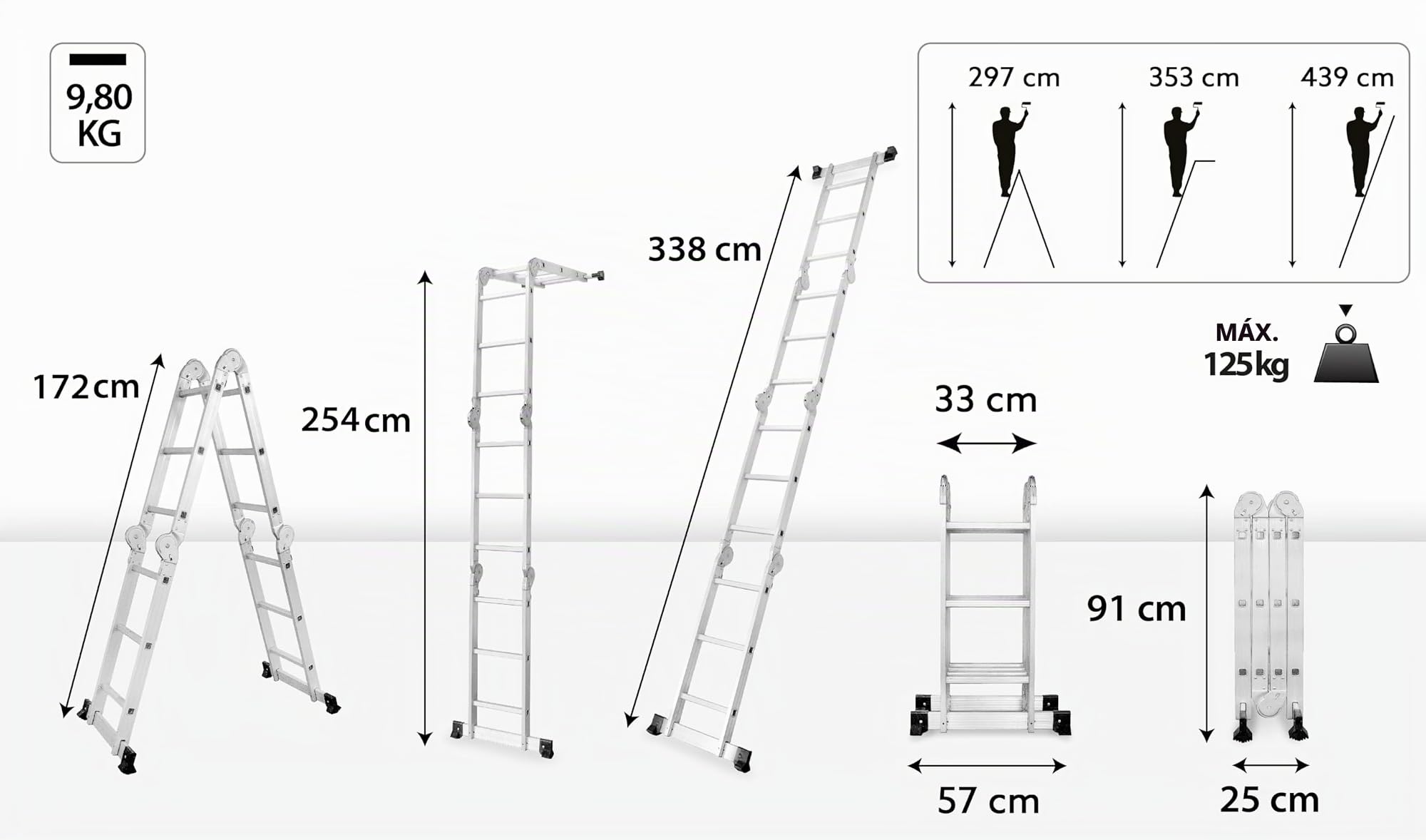 DRABEST Escalera articulada 4x3 peldaños Aluminio 125 kg Extensible 0,33x0,98x0,25 m