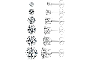 6 Pairs Stud Earrings for Women - Hypoallergenic Cubic Zirconia 14K White...