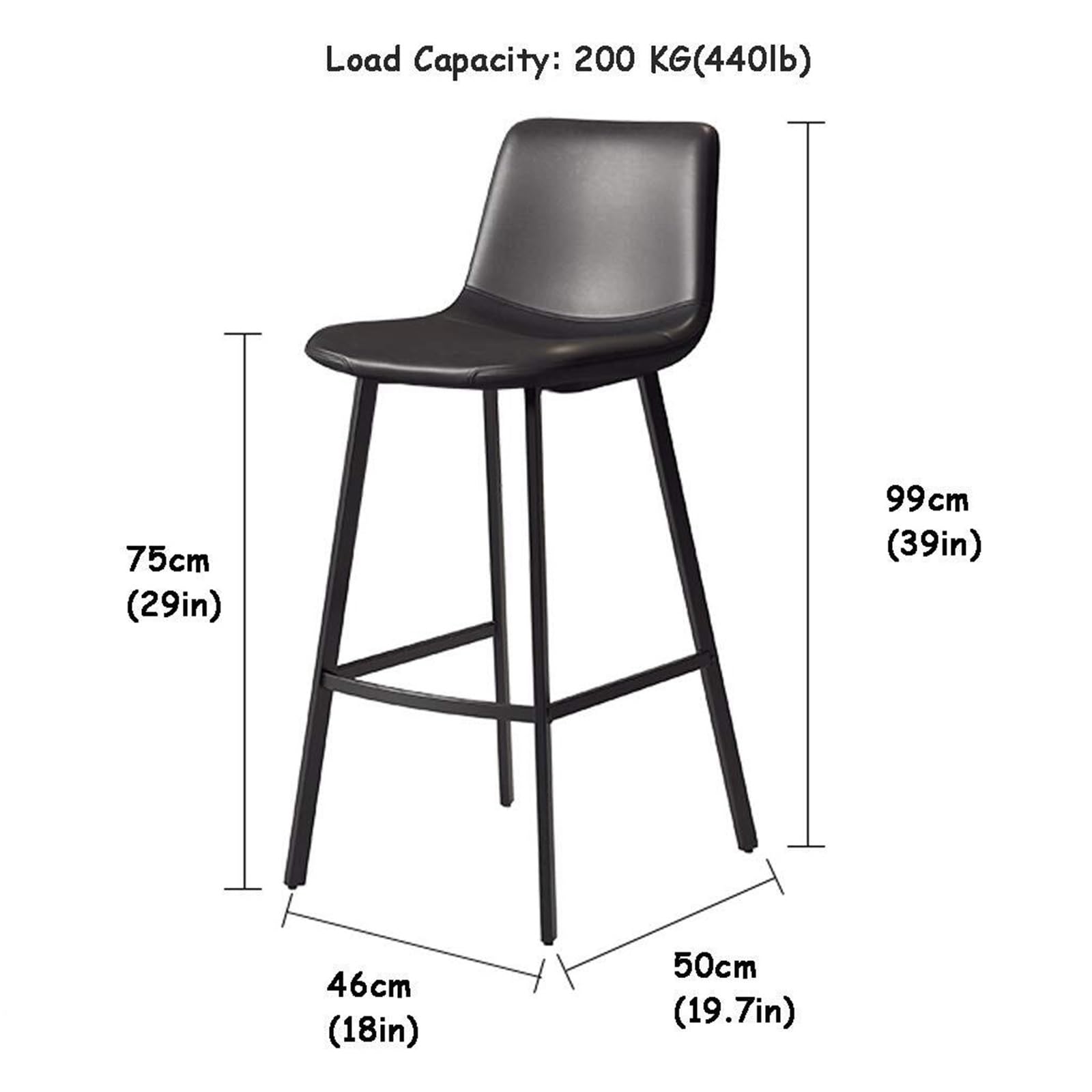 Tabourets de bar rustiques vintage – Tabouret de bar avec dossier, siège de salle à manger en tissu et cuir, pieds en métal de 75 cm de haut, meubles de cuisine gris élégant pour la maison