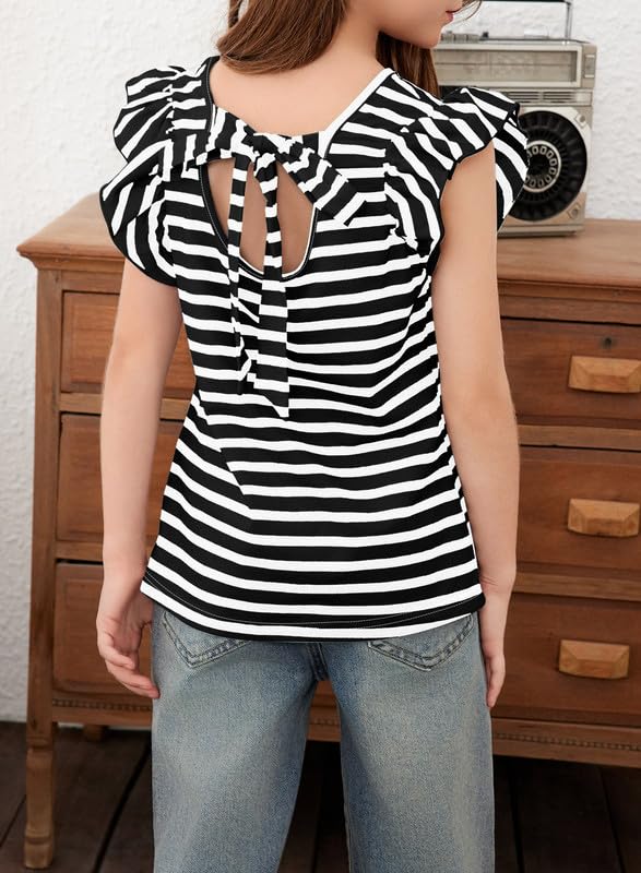 Girls Ruffle Short Sleeve Striped T Shirts Summer Cute V Neck Tie Back Tee Tops 6-15 Years3