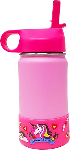 F-32 Botella de agua de acero inoxidable para niños de 12 onzas con 2 popotes y 1 cepillo inoxidable, ecológica, colección Signature sin BPA