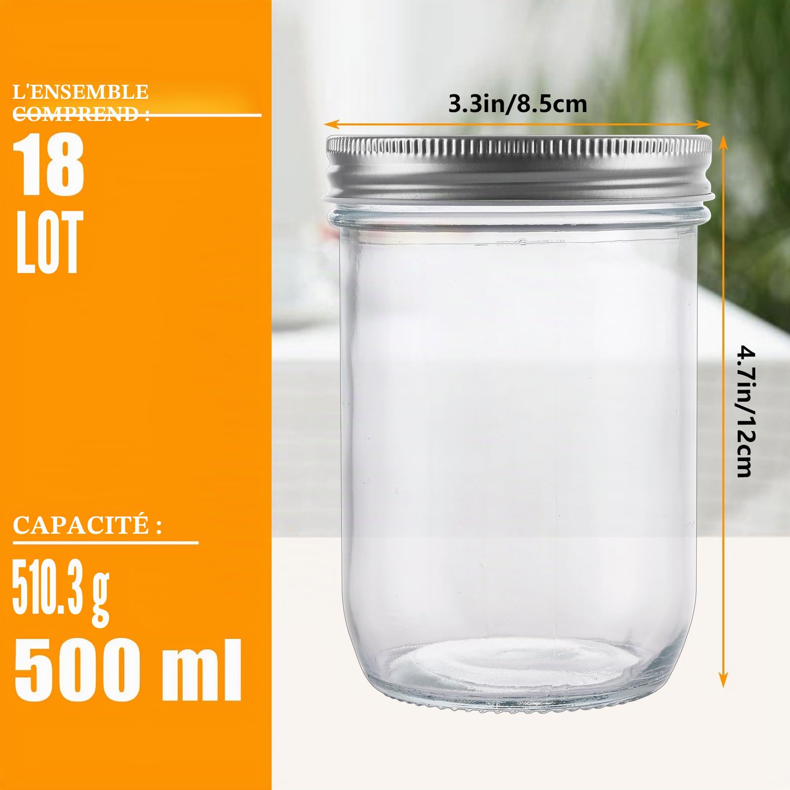 Mason Jar Lot de 18 bocaux de conservation avec couvercles à visser 500 ml avec couvercles pour confiture, miel, yaourt, concombres et oats de nuit