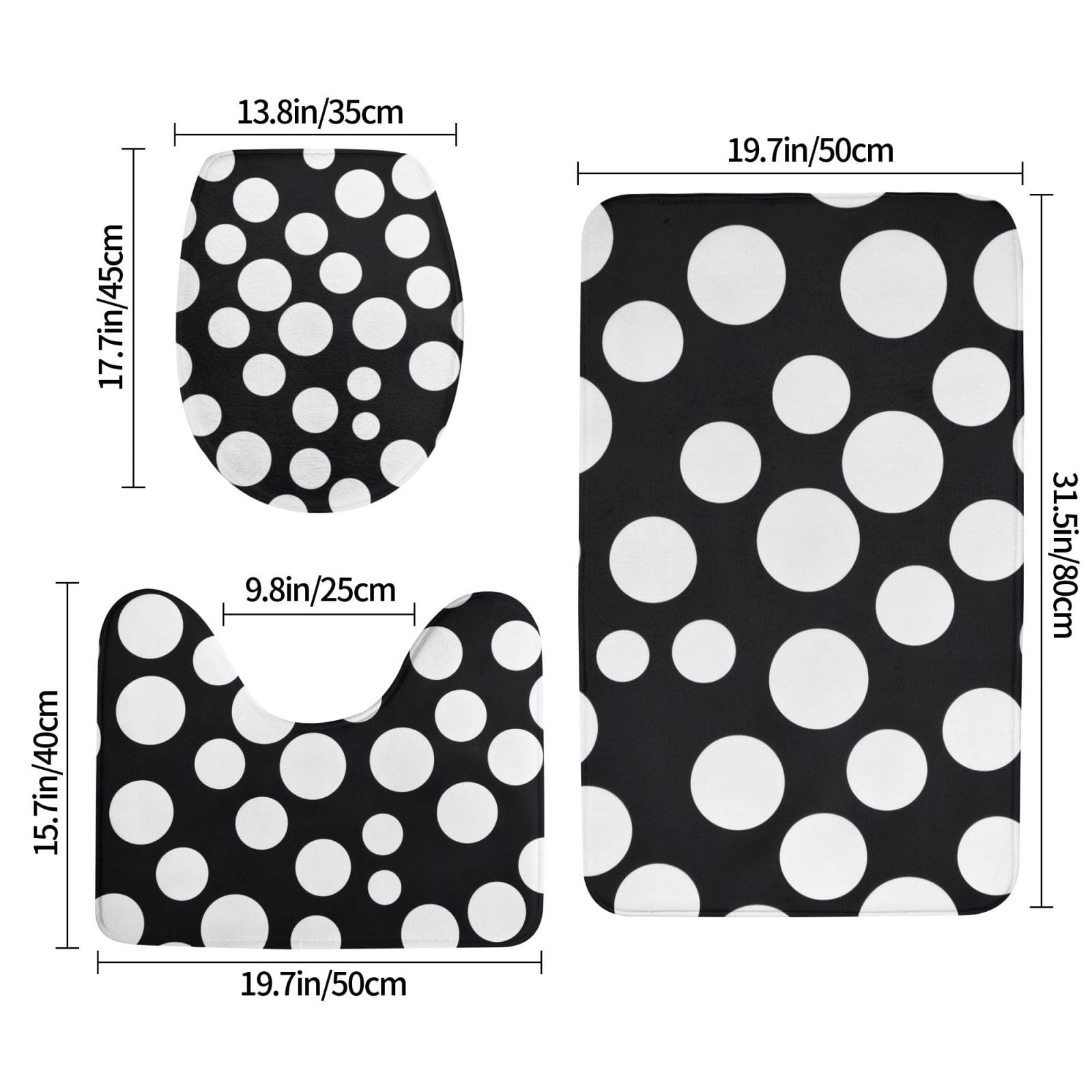 Lot de 3 tapis de bain antidérapants et absorbants en flanelle avec motif à pois noirs et blancs