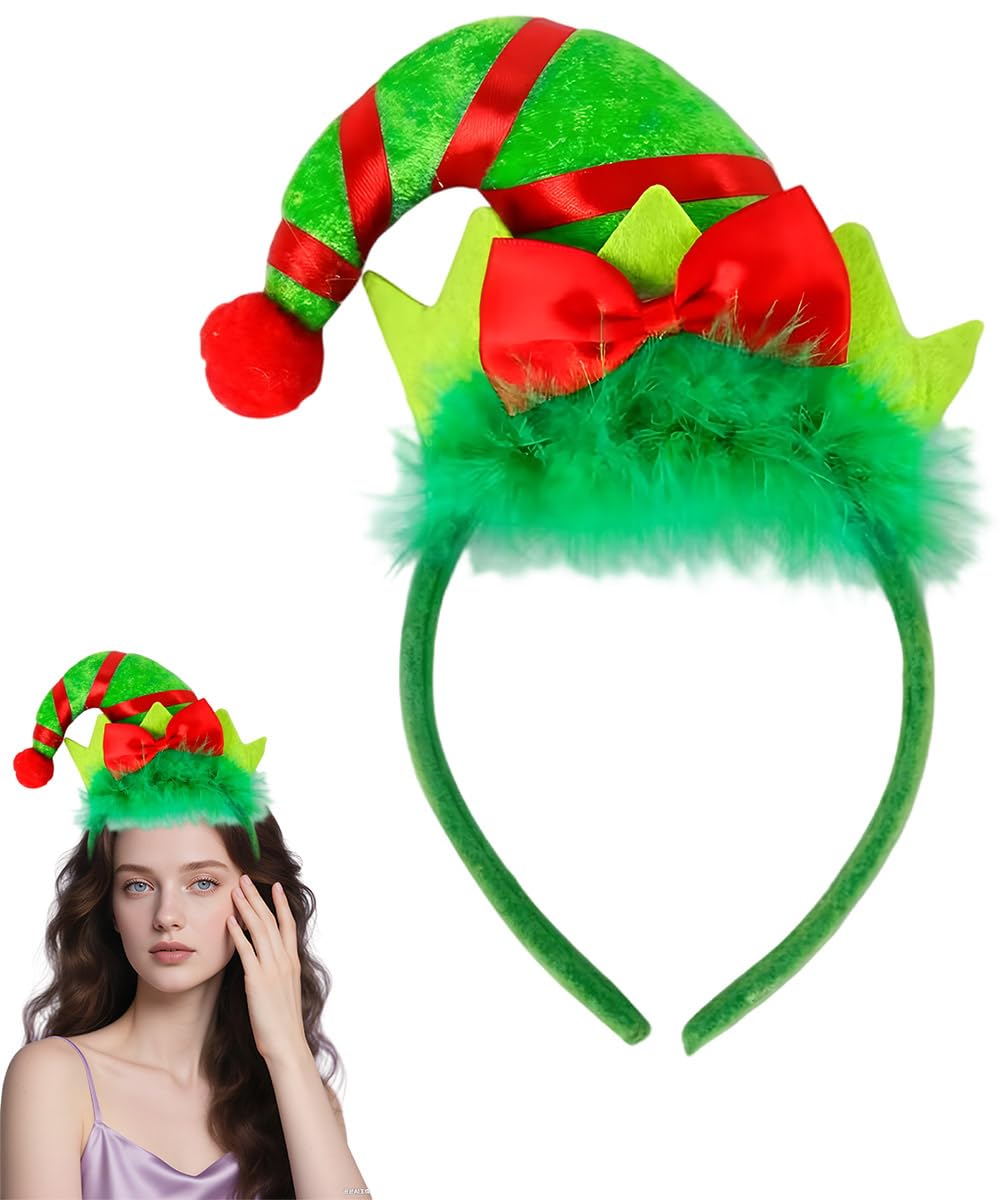 SHIFANQI Christmas Headbands for Women Adults Girls Furry Xmas Elf Hat Headband with Red Bow