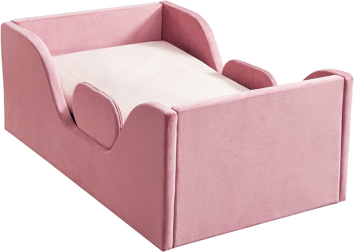 Toddler Bed Frame with Removable Safety Rails, Fits Full Size Crib Mattress, Certified Fabric Toddler Bed (Pink)