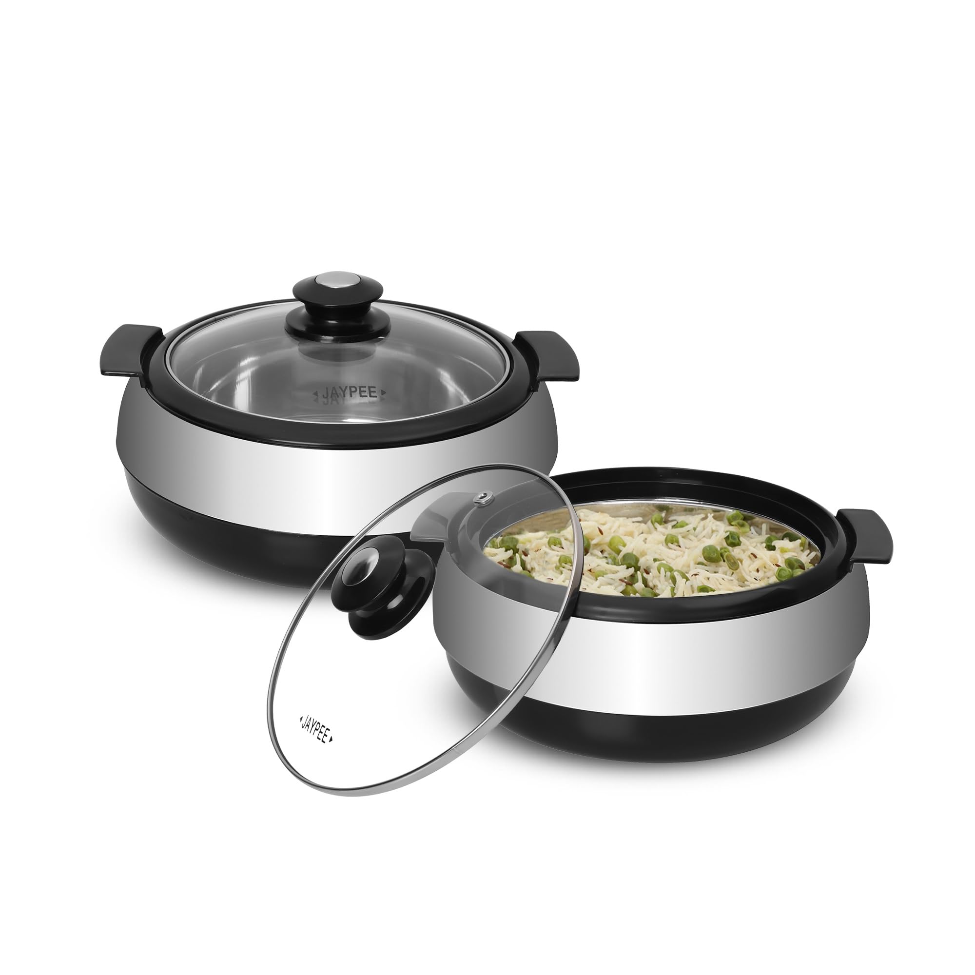 Jaypee Glasserol Serving Casserole Twin Set Inner Stainless Steel Toughened Glass Lid PUF Insulated Hot Box |Roti Box| Small Casserole | Easy to carry | Food Grade | Stackable,800 ml + 800 ml, Black-image-43