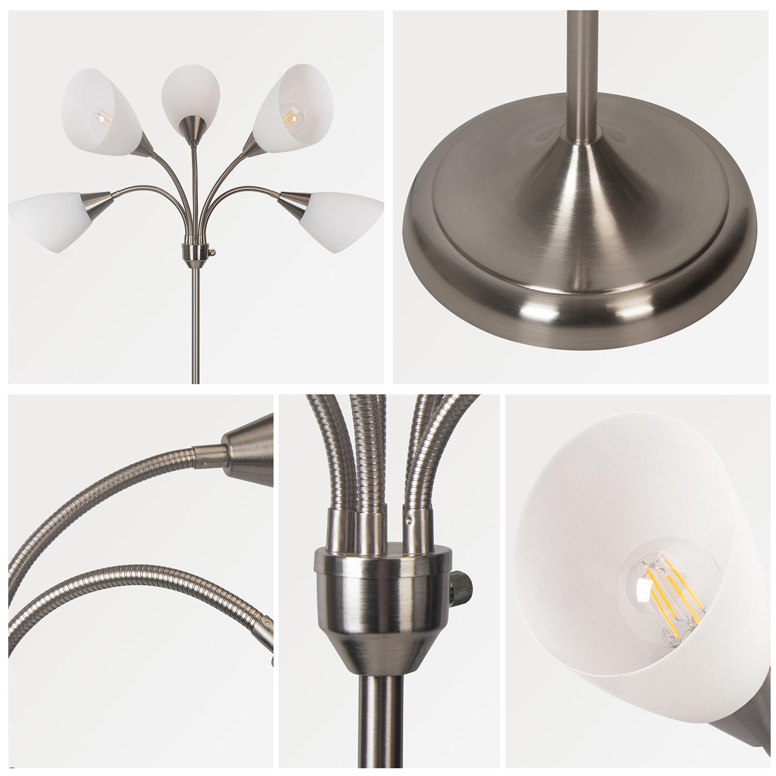HonoDing Medusa Lampy podłogowe Lampy stojące 5 głowic Regulowane światło do czytania Duży klosz Żarówka E26 A19 Lampy podłogowe do salonu Sypialnia (satyna niklowa)