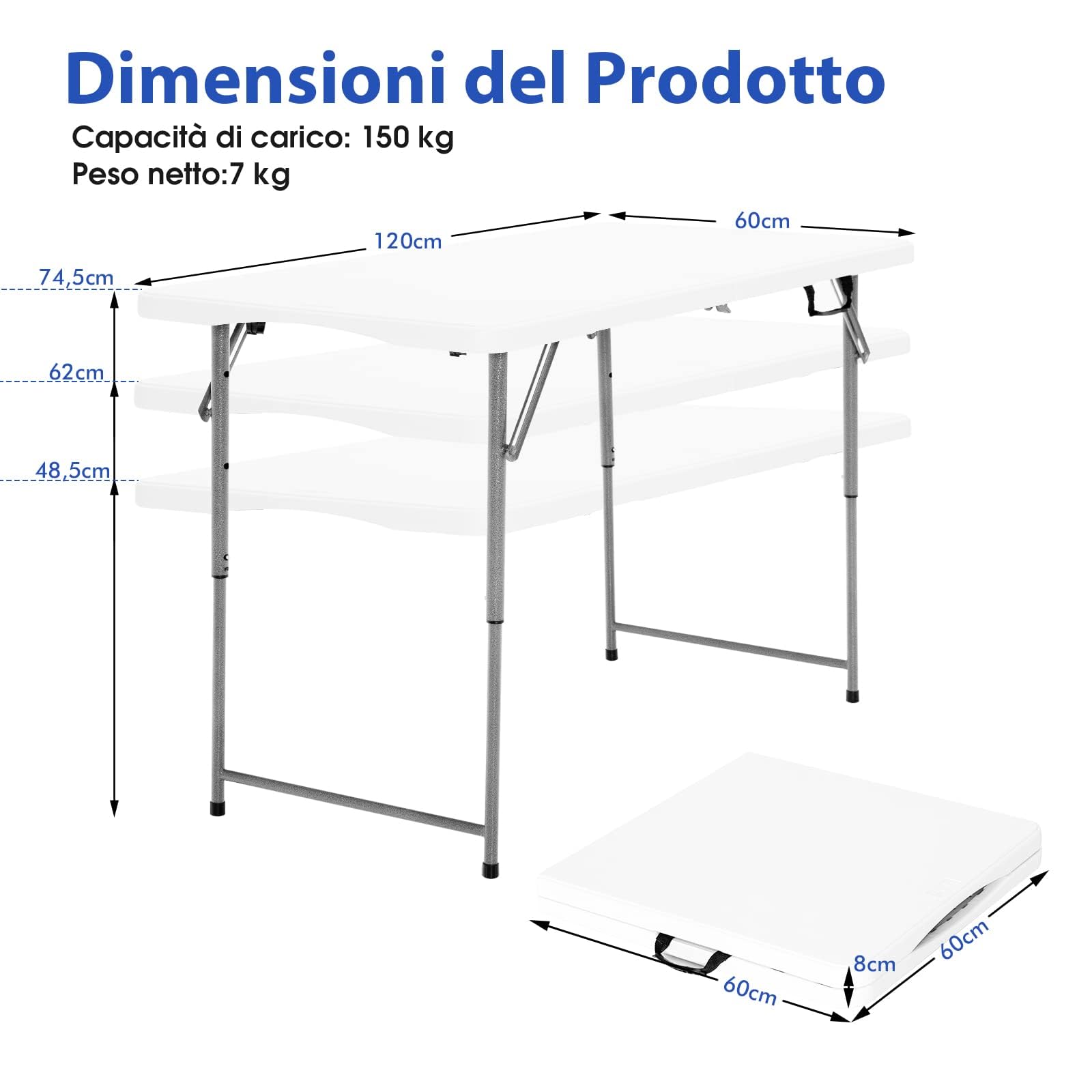 RELAX4LIFE 2 in 1 Tavolo Pieghevole da Campeggio, Richiudibile con Maniglia, 120x60cm, Altezza Regolabile 48,5/62/74,5cm, Portatile Tavolino per Picnic, Giardino, Barbecue, Portata 150kg, HDPE/Metallo