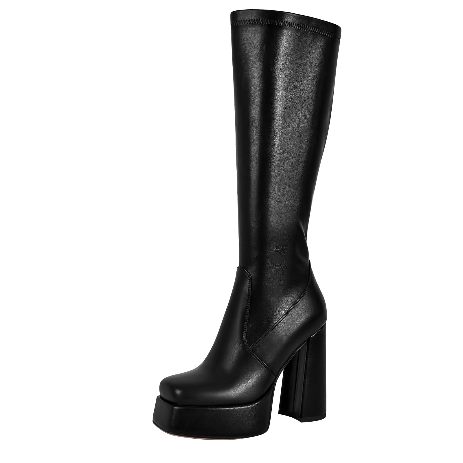 MissHeel Plateau Stiefel Langschaft Blockabsatz High Heels Quatische Zehen Kniehohe Stiefel