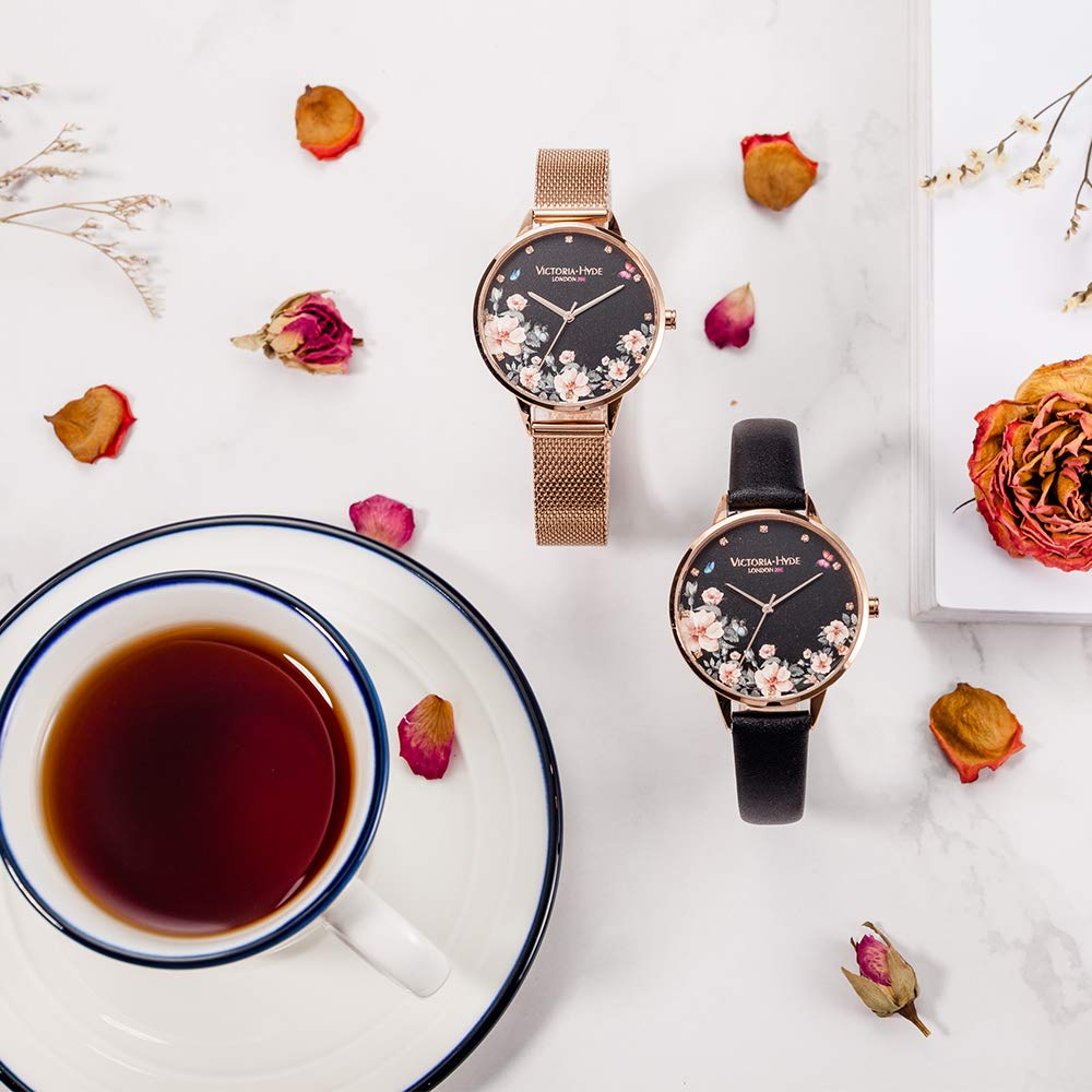 VICTORIA HYDE Floral Mujeres Reloj de Pulsera de Cuarzo Banda de Malla de Acero Inoxidable/Correa de Cuero