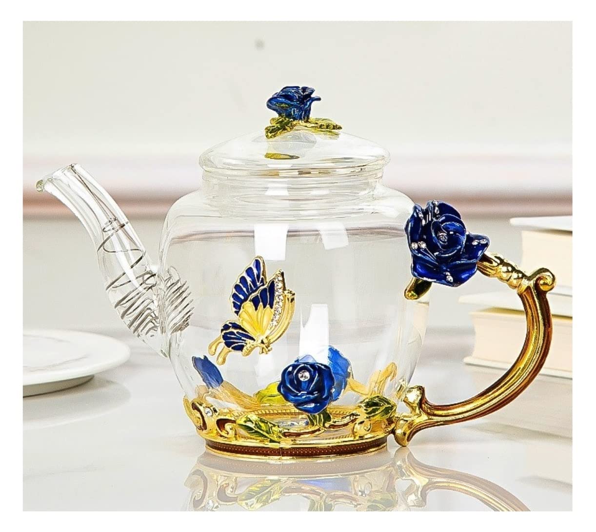 Juego Té Tetera 7 Uds Juego De Tazas Té Esmaltadas Tetera Vidrio Estilo Europeo Hogar 6 Flores Simple Negocios Artículos Hogar(Blue Rose)