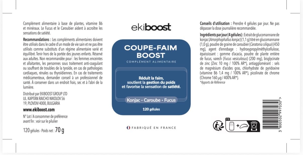 COUPE FAIM | Hautement dosé | Konjac, Fucus, Caroube, Vitamine B6 & Bisglycinate de Zinc | Complément Alimentaire à base de plantes | Vitamines & Minéraux | Fabriqué en France | 120 Gélules | Ekiboost