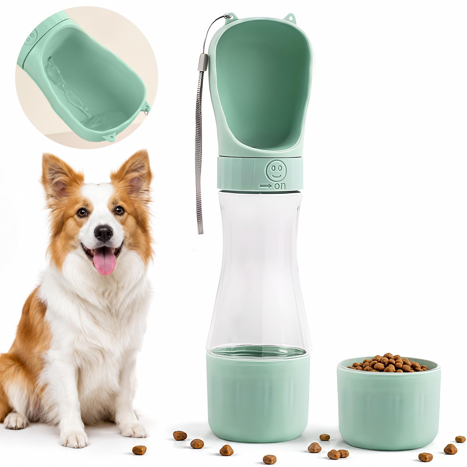 dellyy 2 en 1 Botella de Agua para Perros, 350ml, Antigoteo Bebedero Perro, con 170ml Recipiente Comida, Portatil Botella de Agua para Perros, Viaje Bebedero Perro para Pasear, Senderismo, Acampar