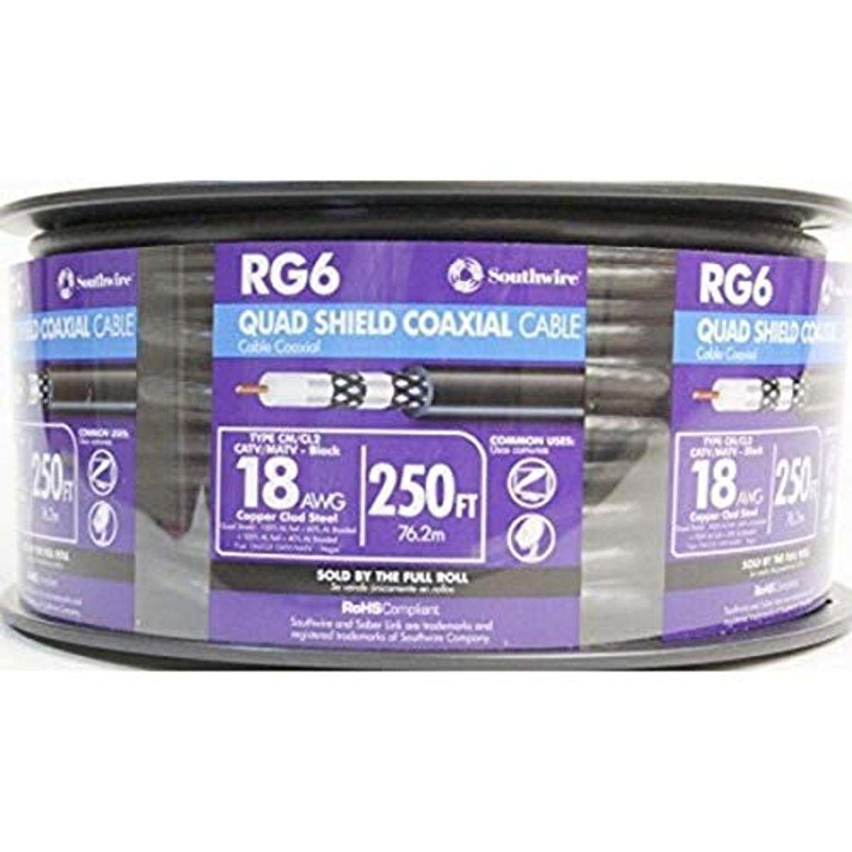 Woods 56918447 Rg6 Quad Shield CATV Communication Cable 250 Ft Reel, 250'