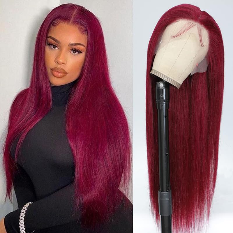 mdgfge 26 Inch Burgundy Straight Lace Front Wigs Human Hair Transparent Pre Plucked Lace Frontal Wigs Human Synthetic Hair Wine Red Glueless Wigs for