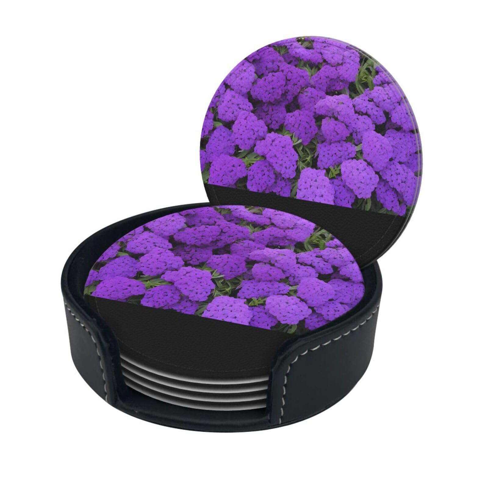 Dark Purple Texture Marble Print Coaster,Round Leather Coasters with Storage Box for Wine Mugs,Cold Drinks and Cups Tabletop Protection (6 Piece)
