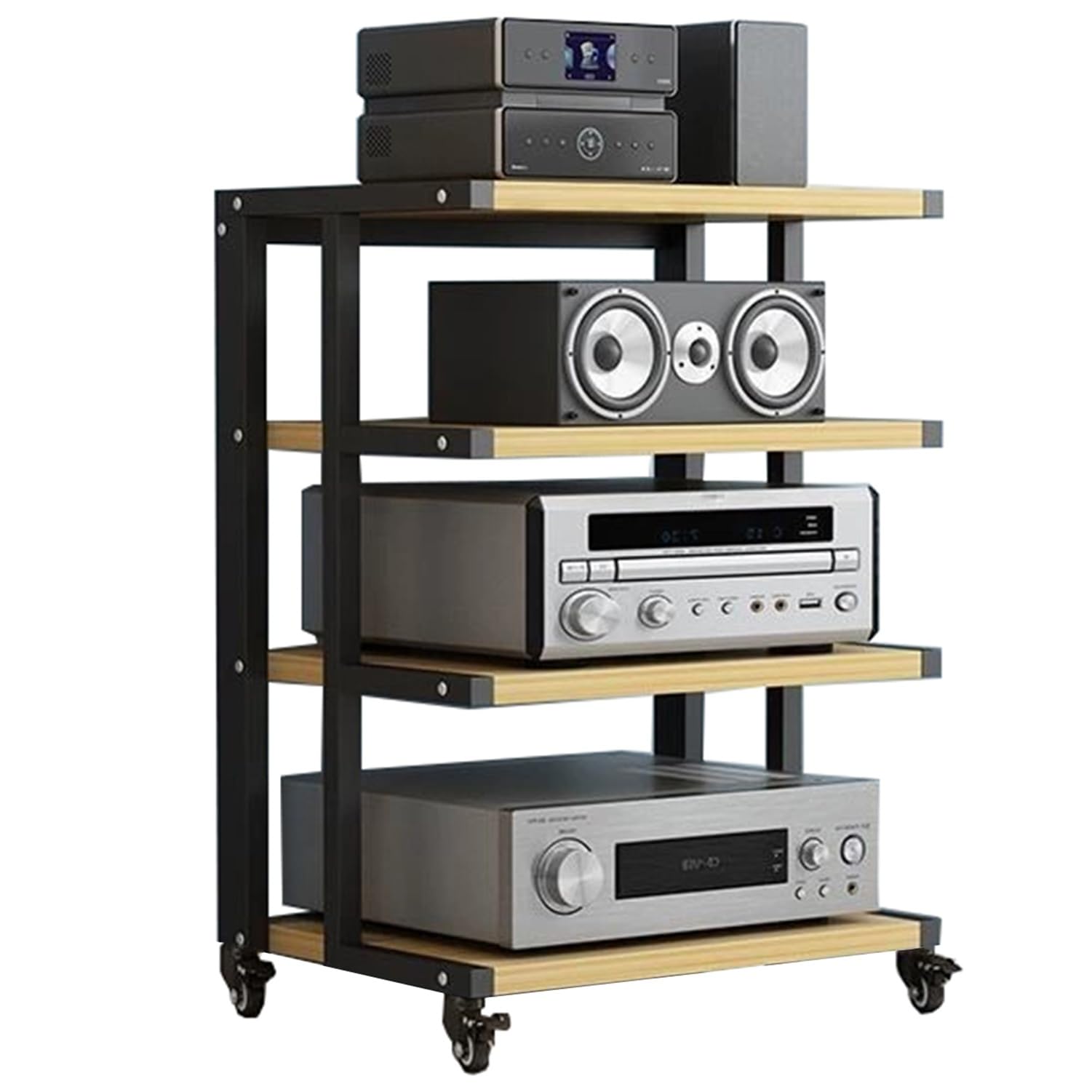 4-poziomowa szafka pod telewizor / multimedia, przenośny stojak audio, stojak na wzmacniacz HiFi, płyta winylowa, telewizor i konsola do gier. Elegancki czarno-brązowy design.