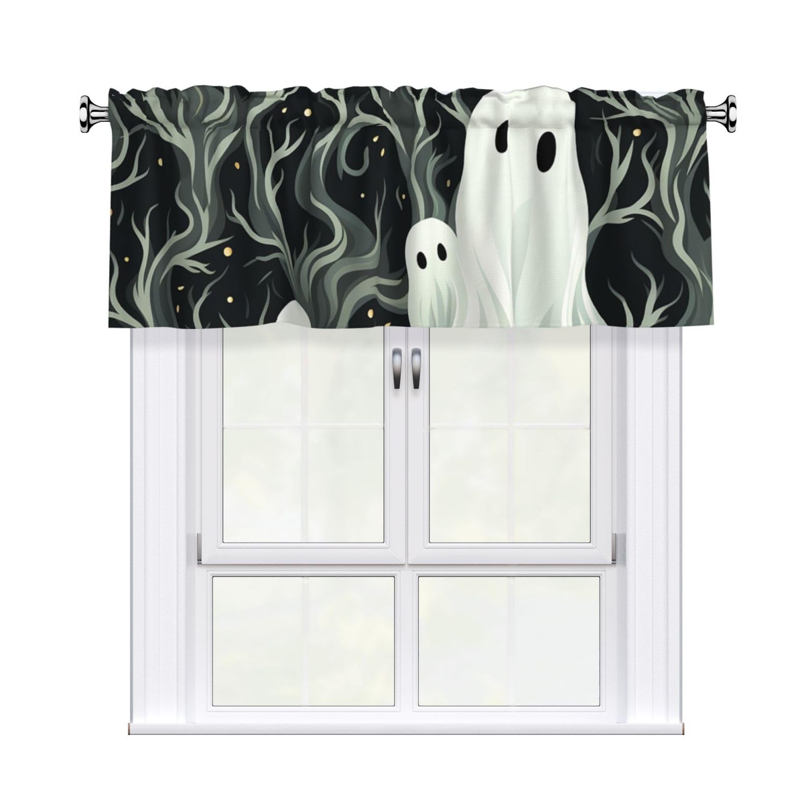 FekiLoot White Patterned Ghost Curtain Valance for Windows, Kitchen Window Valances Rod Pocket Window Treatments Short Curtains Drapes for Bathroom Bedroom Cafe Decor 54x18inch 1 Panel