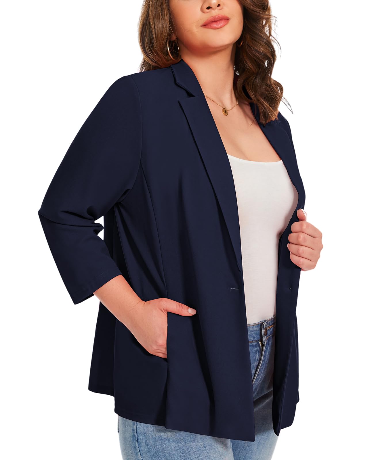 XL-5XL Blazer à manches 3/4 grande taille Blazer à revers cranté Veste semi-doublée pour femme Costumes et blazers à un bouton avec poches intégrées Veste de jour comme de nuit