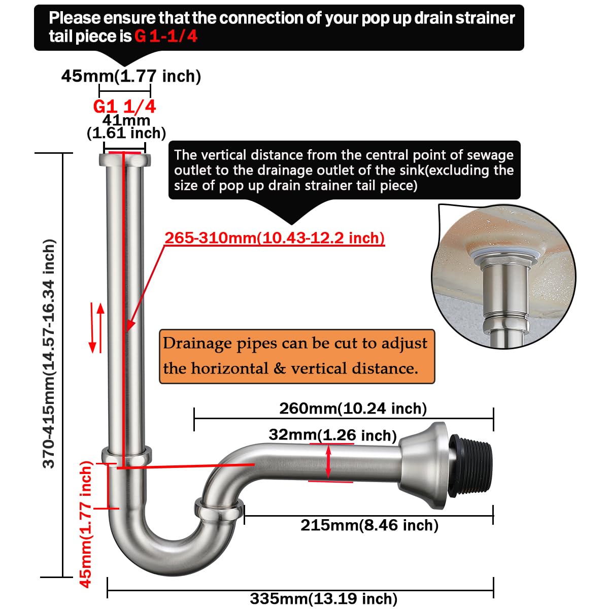 RANDOM RD83555BN-L - Trampa para fregadero de baño en forma de U de 1-1/4 pulgadas con tubo de extensión de junta deslizante, botella de drenaje de residuos de altura ajustable, kit de trampa en P