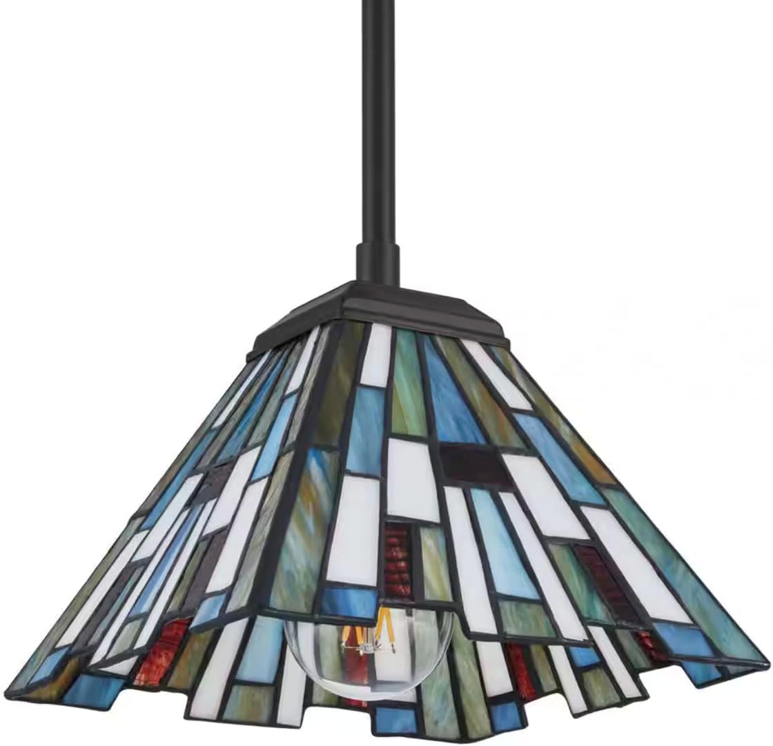 1 Light Matte Black Mini Pendant with Multicolor Tiffany Glass Shade, Adjustable Height, Dimmable, Damp Rated