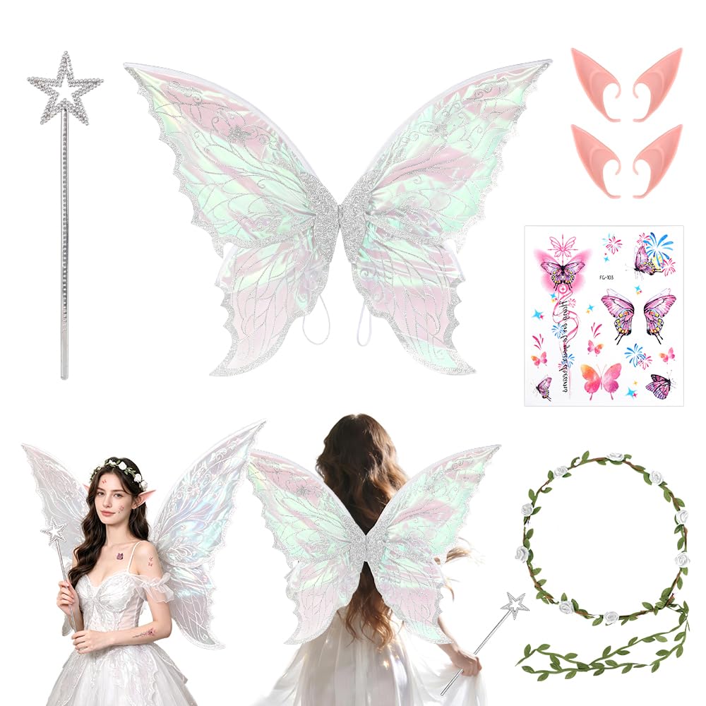 KQWVZ Fairy Wings for Girls Women, 5PCS Butterfly Wings Adults, Angel Costume for Women with Flower Headband Elf Ears Fairy Magic Wand Stickers, Dress Up Costumes for Halloween Party Cosplay
