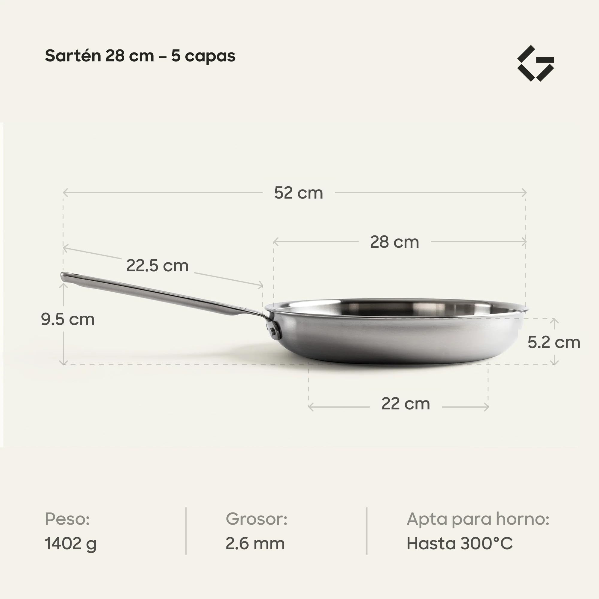 Gastrotools Sartén 28 cm 5 Capas de Acero Inoxidable con Núcleo Aluminio | Excelente conducción del calor | Cocción uniforme | Inducción, gas y horno | Sin revestimiento | Uso versátil
