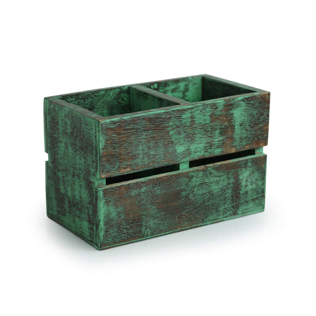 Erathly Cutlery Holder in Mango Wood Waste Material (2 Partitions) - Cutlery Stand for Kitchen Dining Table Wooden Cutlery Spoon Stand Napkin Tissue Holder