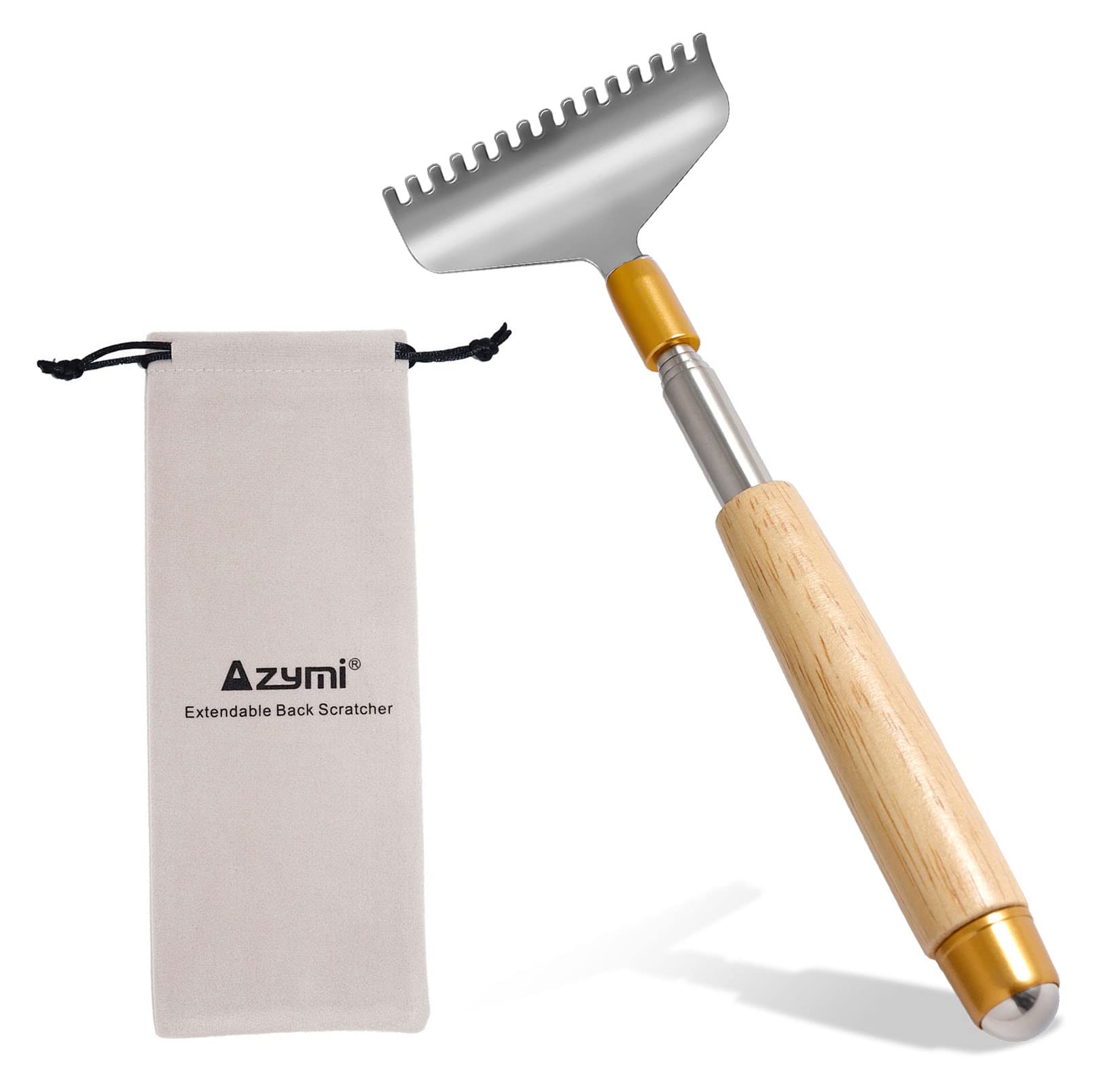 Oversized Back Scratcher, Azymi Long Back Scratcher for Women Men with Wooden Handle/Roll Ball/Wider 15-Teeth Claw Heavy-Duty Manual Metal Back Head Scratcher