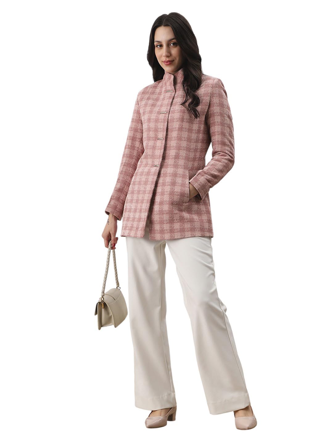 Women Mock Collar Long Sleeves Self Checkered 2 Pockets Hip Length Winterwear Overcoat-image-14