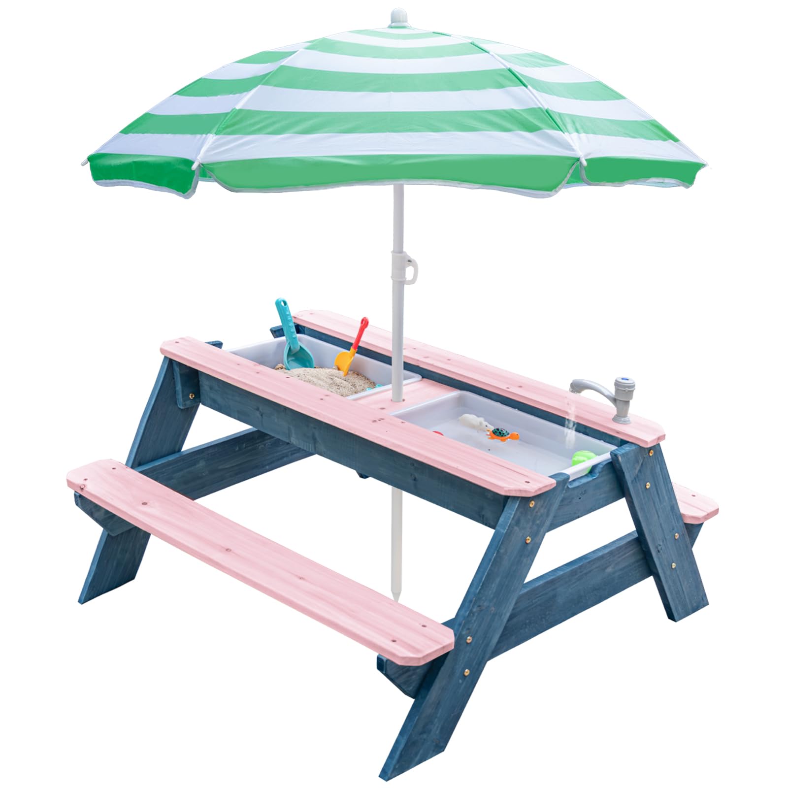 Kids 3-in-1 Sand & Water Table, Wood Outdoor Convertible Picnic Table w/Umbrella, 2 Trays, Removable Top with Faucet, Picnic Table for Outdoor (Pink/Green)