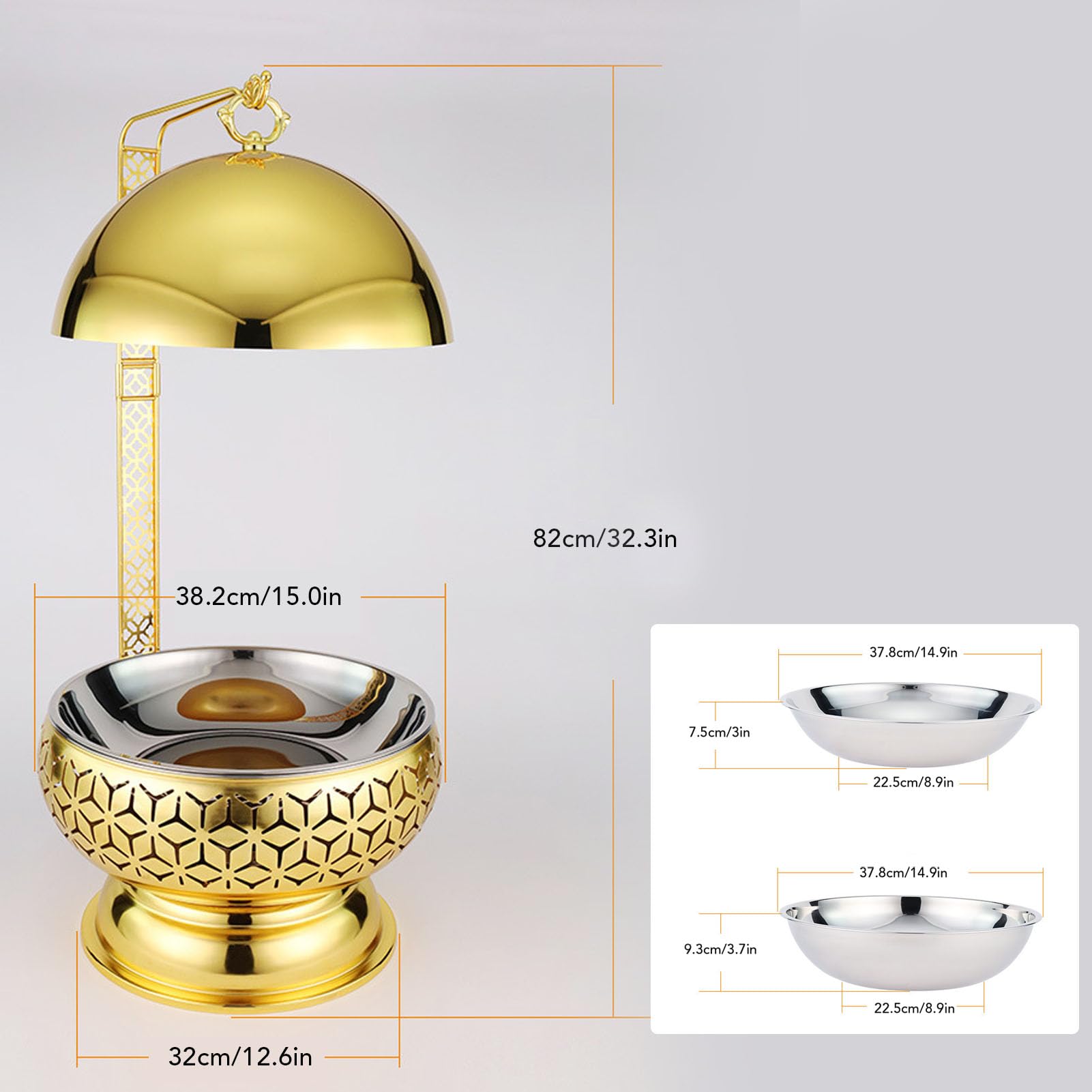 ZJchao Bandeja de Servicio de Acero Inoxidable Dorada 8L, Chafer con Tapa Extraíble con Gancho y Patas Desmontables para Bodas Catering Fiestas