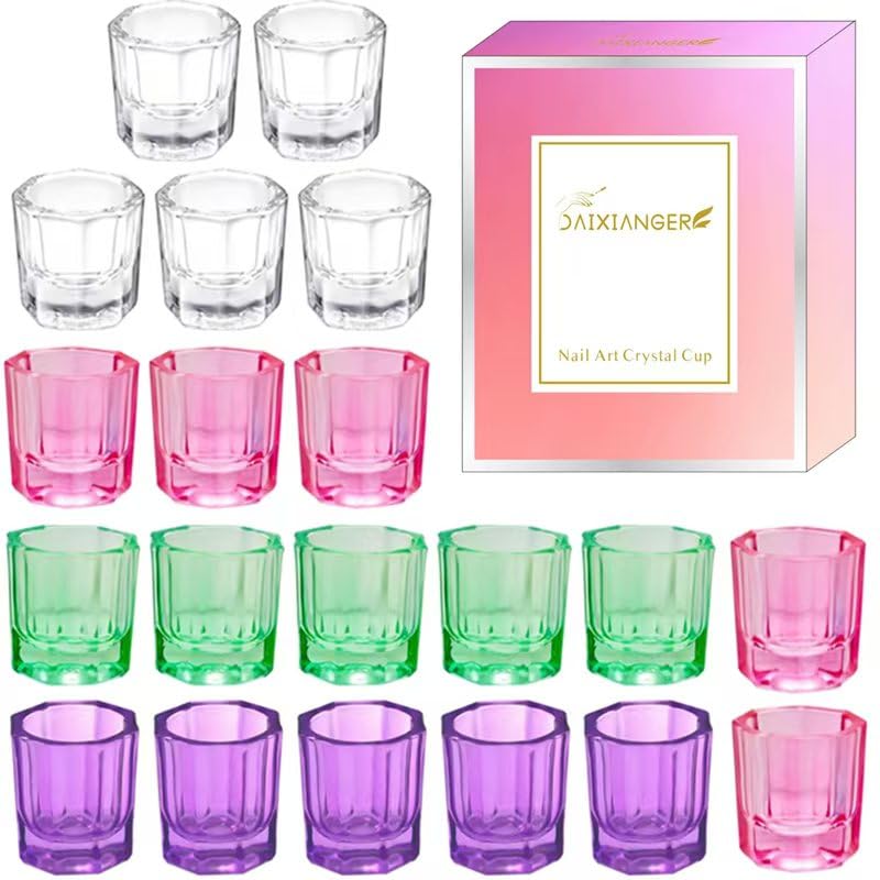 20Pcs Nail Art Crystal Cups Set, Clear & Pink & Green & Purple Glass Dappen Dish for Acrylic Liquid & Powder, Reusable Small Glass Jars for Nail Polish Remover & Manicure Tools Storage image 5