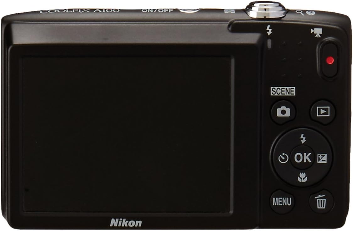 Rear view of the Nikon Coolpix A100 digital camera, showing the LCD screen and control buttons.