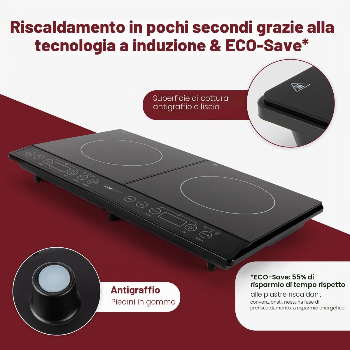 Clatronic DKI 3609-Piastra ad induzione doppia portatile, 10 livelli di temperatura, 3500 W
